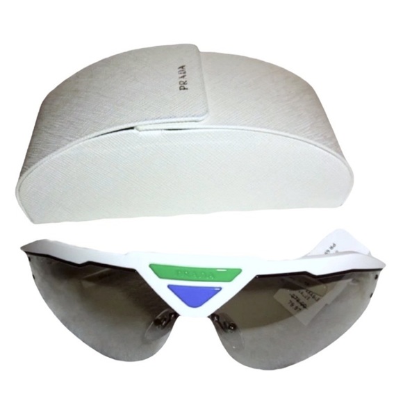 $378 Prada Shield Sunglasses White Black Wrap Sport Light Gray Lens Prada Logos - Picture 6 of 11